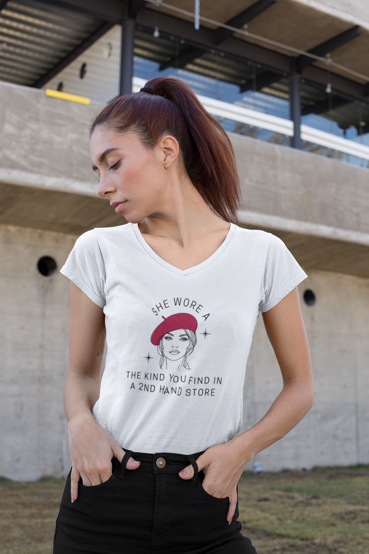 Retro Raspberry Beret Women’s V-Neck T-Shirt