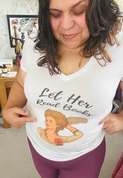 "Let Her Read Books” V-Neck Tee — (Skin Tone 1 )