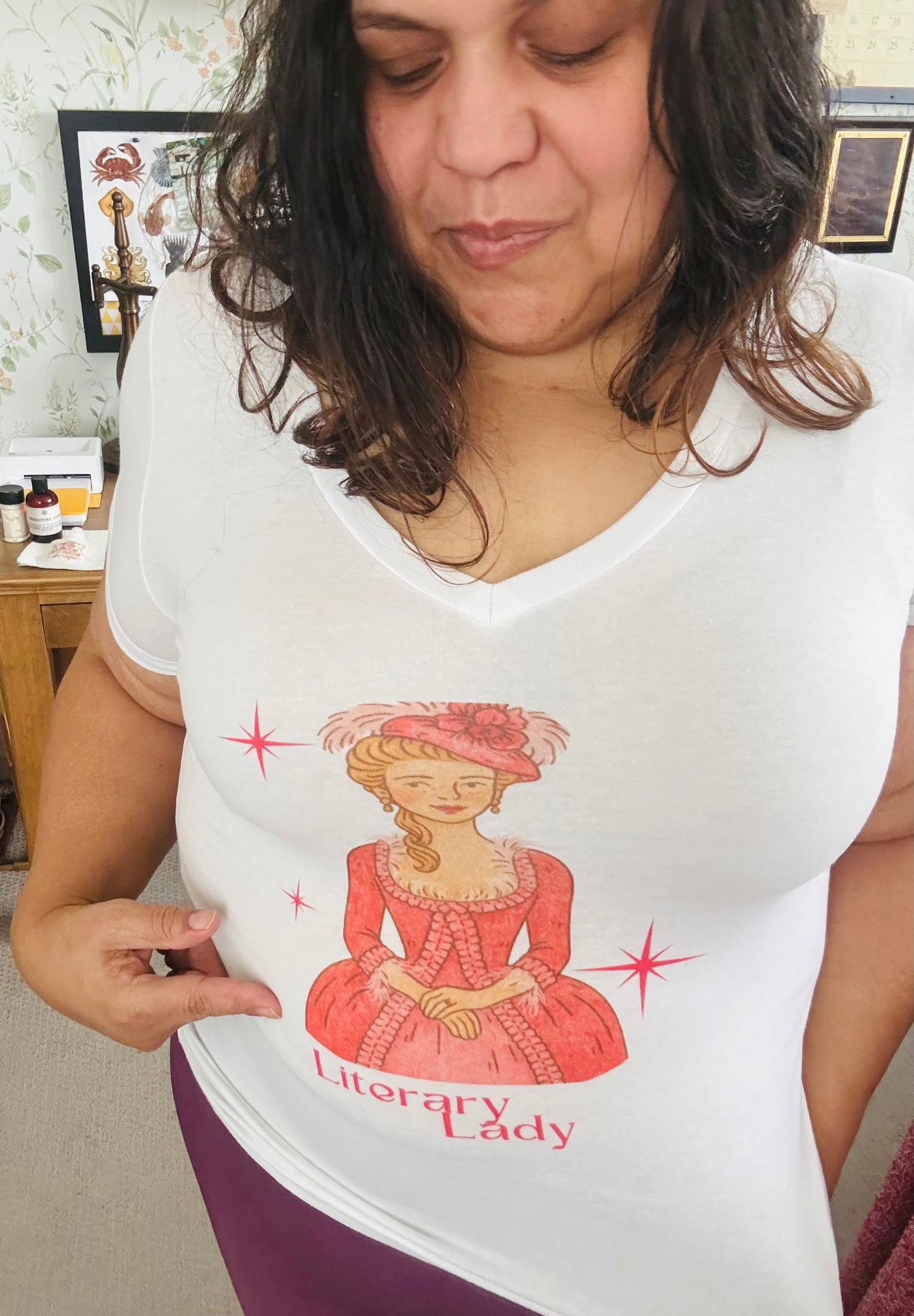 Literary Lady — Cozy V-Neck Tee (Skin tone 1)