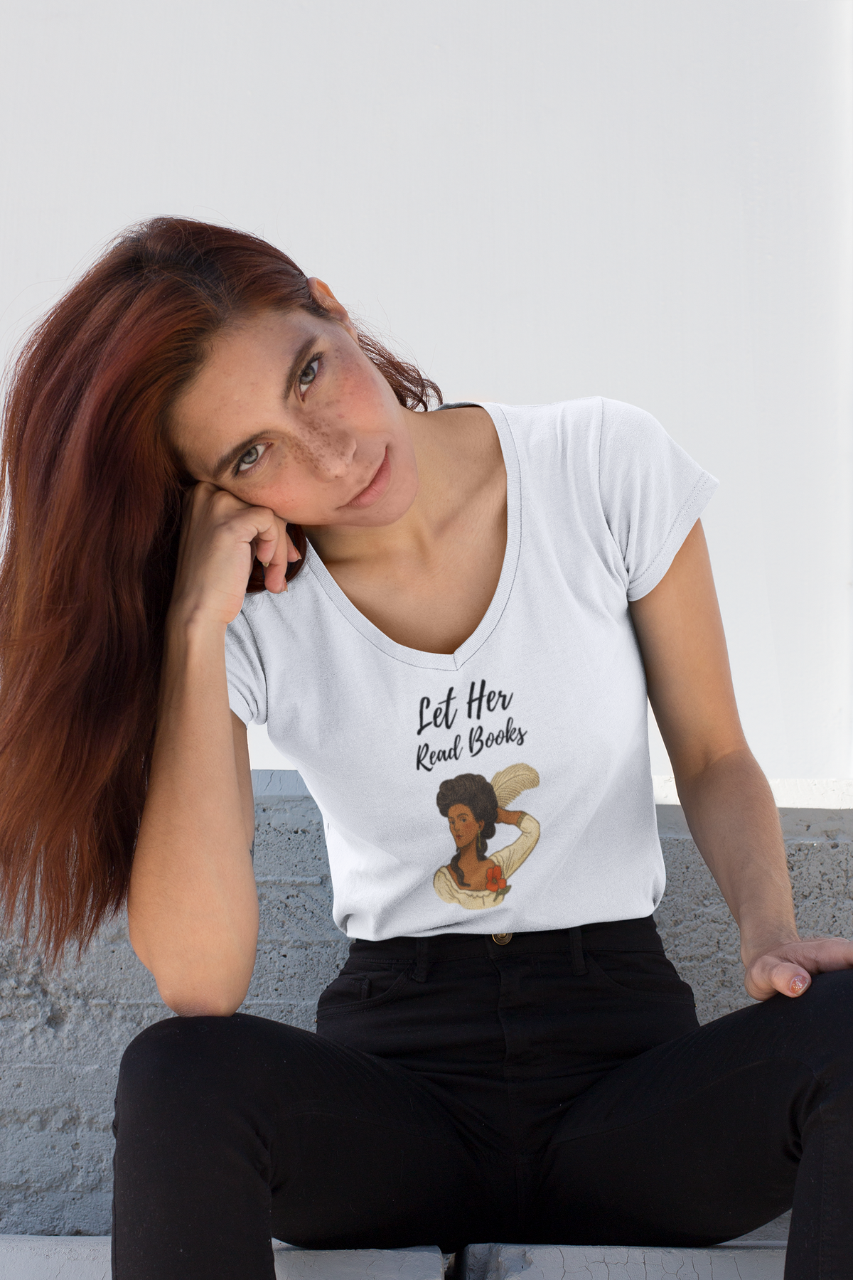 Let Her Read Books” V-Neck Tee — A Literary Rebellion (Skin Tone 2 )