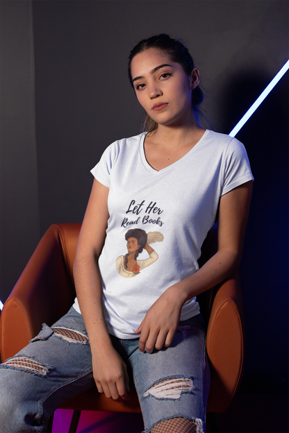 Let Her Read Books” V-Neck Tee — A Literary Rebellion (Skin Tone 2 )