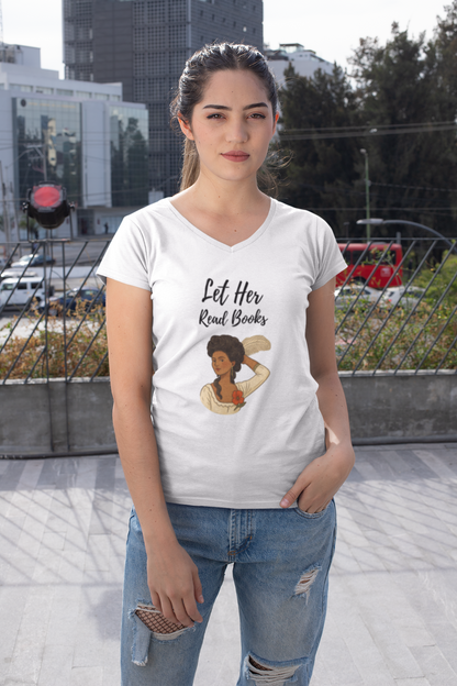 Let Her Read Books” V-Neck Tee — A Literary Rebellion (Skin Tone 2 )
