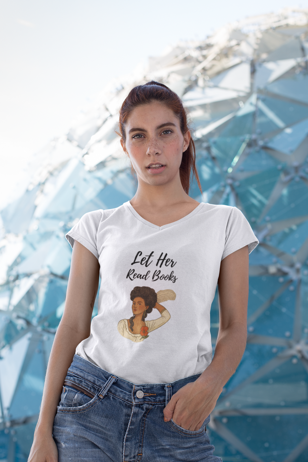Let Her Read Books” V-Neck Tee — A Literary Rebellion (Skin Tone 2 )