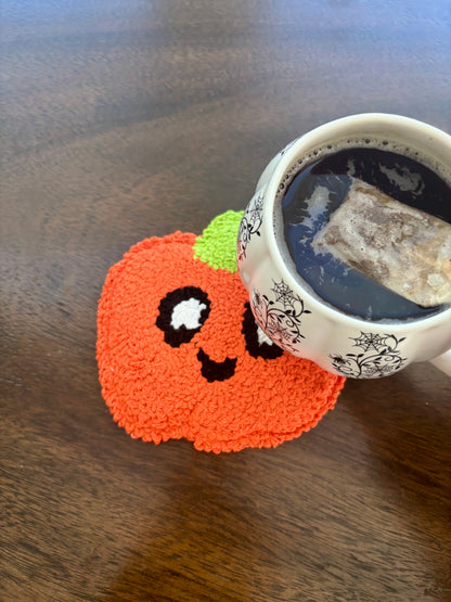 Happy Pumpkin Punch Needle Mug Rug | Handmade Fall Coaster