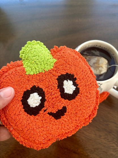 Happy Pumpkin Punch Needle Mug Rug | Handmade Fall Coaster