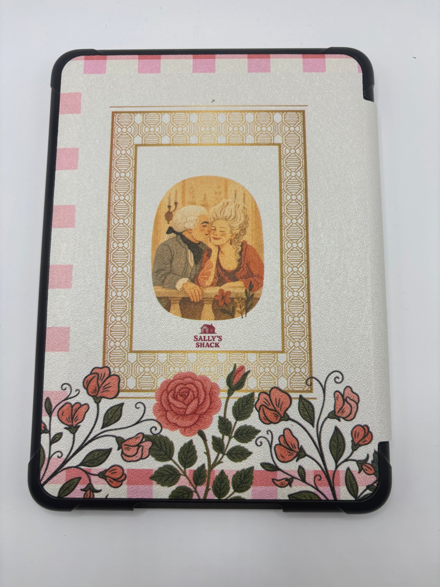 Cameo Kindle Case – Vintage Portrait Pink Gingham Cover + Hand Strap