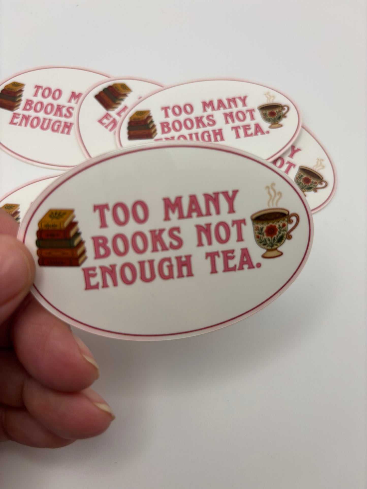 Too Many Books Not Enough Tea Kindle Sticker – Oval Bookish Vinyl Decal