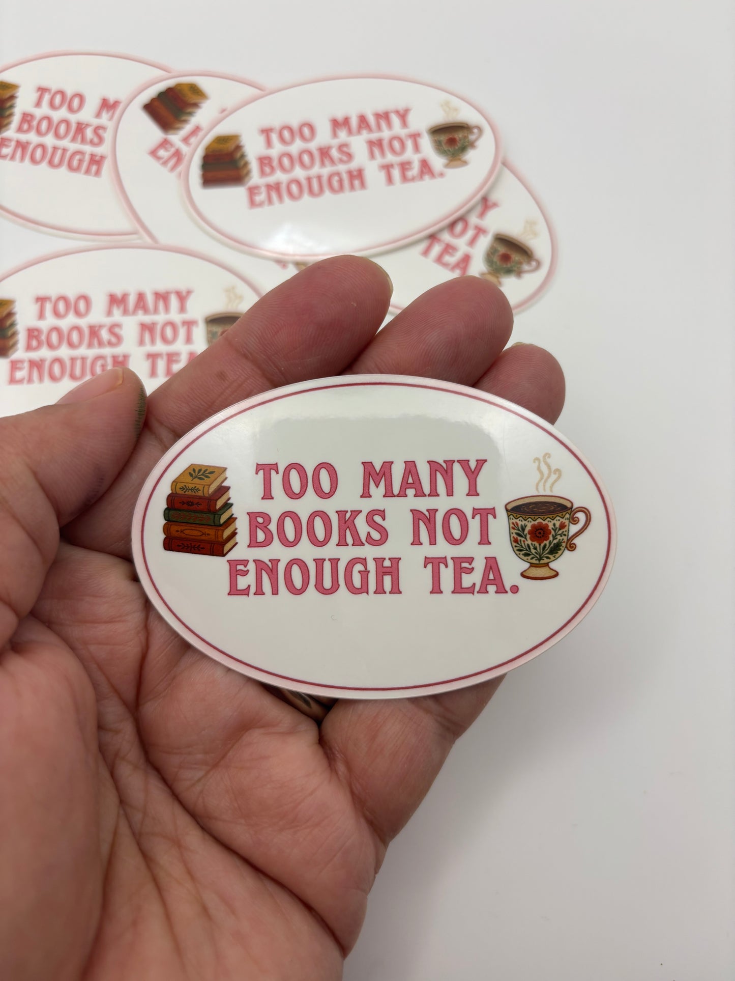 Too Many Books Not Enough Tea Kindle Sticker – Oval Bookish Vinyl Decal