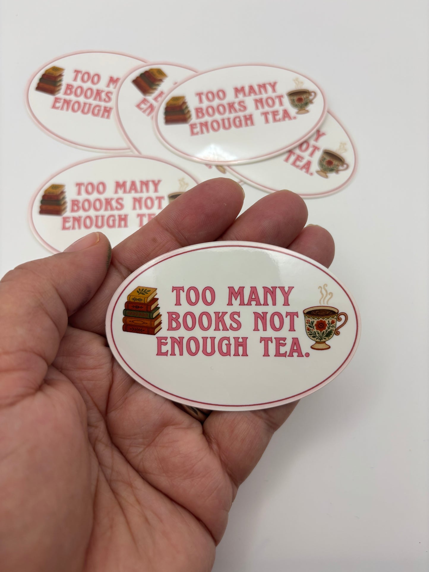 Too Many Books Not Enough Tea Kindle Sticker – Oval Bookish Vinyl Decal