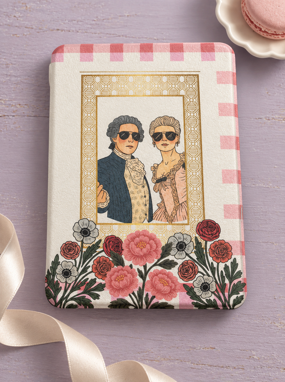 Cameo Kindle Case – Vintage Portrait Pink Gingham Cover + Hand Strap