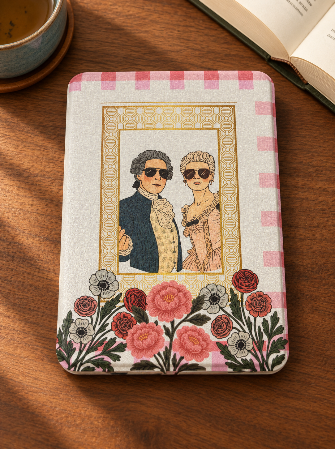 Cameo Kindle Case – Vintage Portrait Pink Gingham Cover + Hand Strap